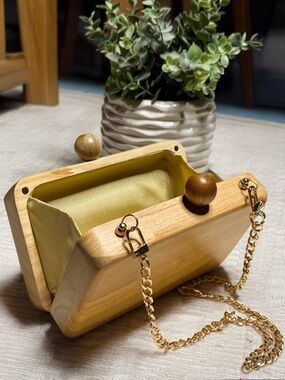 Inge Christopher Wood Minaudiere Clutch Box Bag with Chain Strap